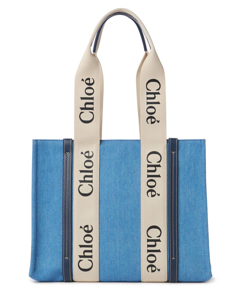 Chloe Medium Woody Tote Bag Canvas with Leather Blue